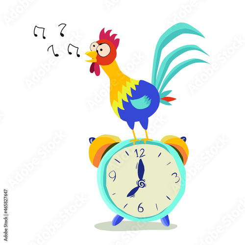 the rooster crowing above the alarm clock rings in the morning. isolated on white background