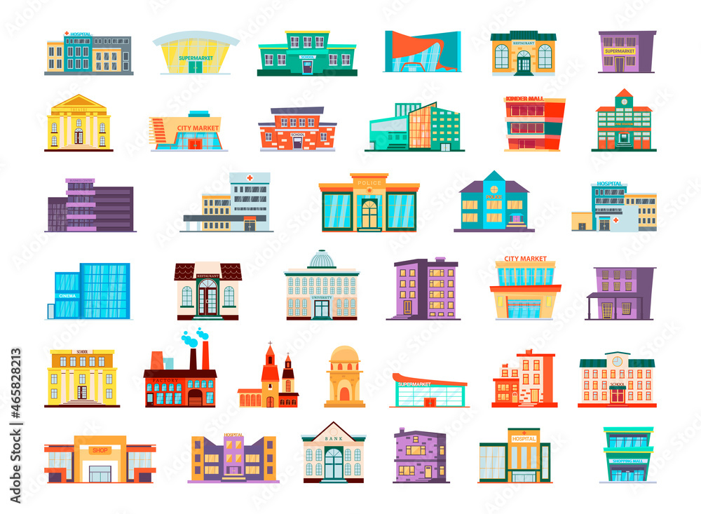 Collection of colorful buildings in flat style. City buildings and structures.