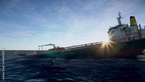 Oil Tanker ship sinking in the ocean. Oil spill after a storm during shipping. Sunken ship with a load of chemicals 
