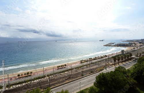 maritime view from the Balcon del Mediterraneo view of the port and the train tracks, Tarragona, Catalonia, Spain