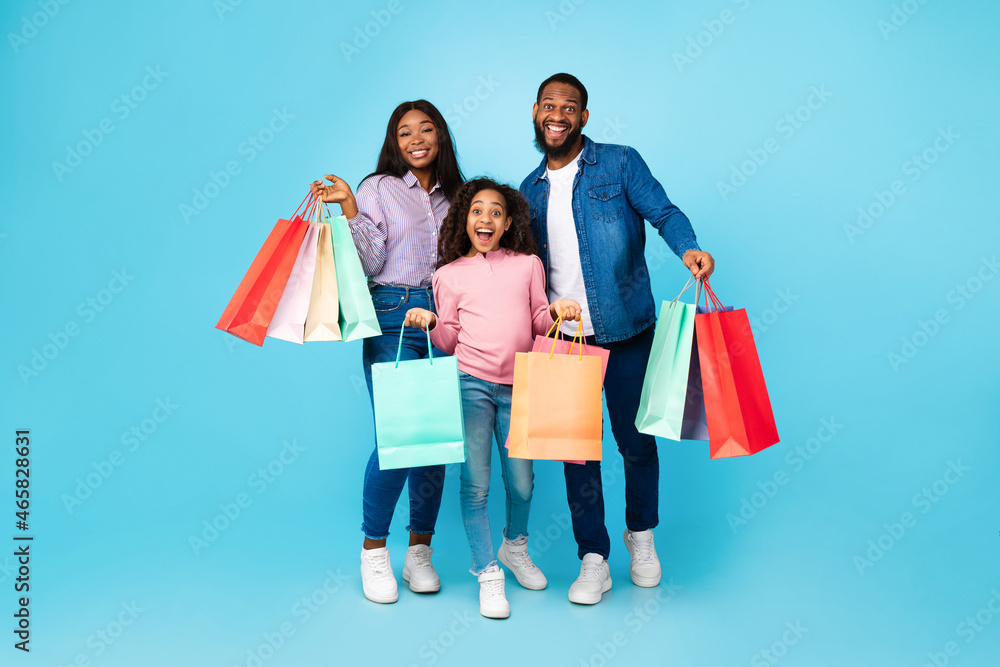 African American family of three posing with shopping bags African American family of three posing with shopping bags