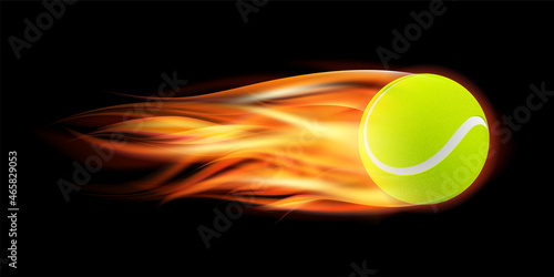 Flaming Tennis Ball. Tennis Ball flying in fire on dark background.