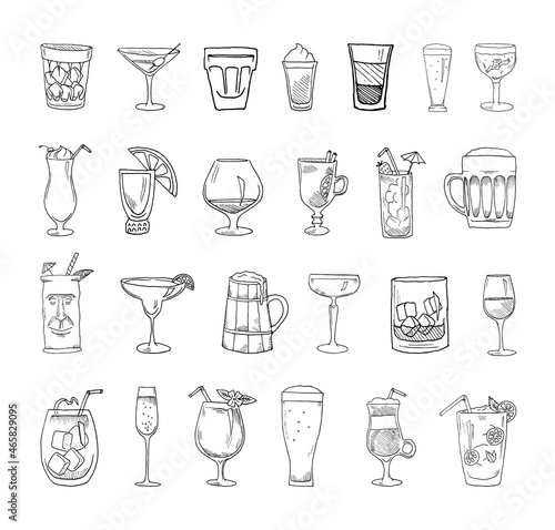 Collection of cocktails in sketch style. Hand drawings in art ink style. Black and white graphics.