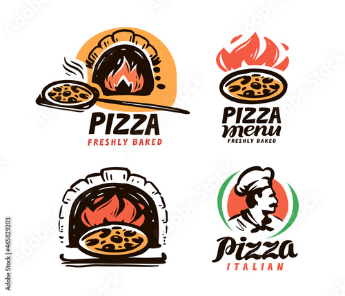 Pizzeria logos. Set of vector badges with pizza. Labels for pizzeria, Italian cuisine restaurant of cafe