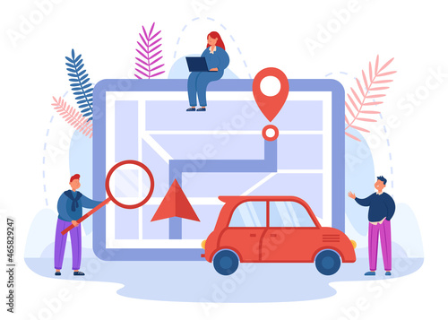 People traveling by sharing transport using online application. Business persons with city map finding direction to auto, car rental flat vector illustration. Car sharing, transportation concept