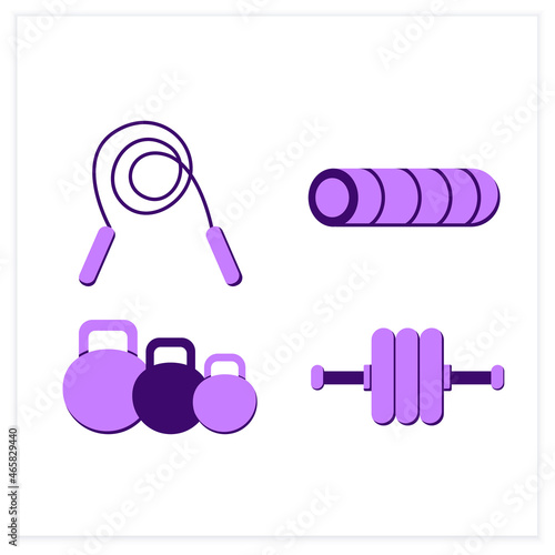 Home gym equipment flat icons set. Sport and fitness tools. Walking pad, aerobic stepper, barbell bench, bounce trampoline. Color vector illustration