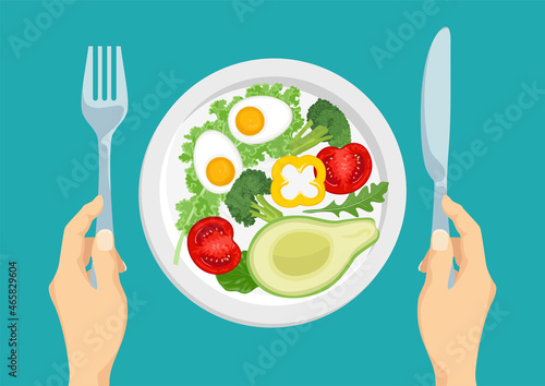 Plate of healthy vegetarian food. Top view. Hands hold knife and fork. Avocado, vegetables, eggs. Cartoon flat vector illustration