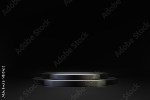 3D minimal scene with black double cylinder podium on dark background. Empty stage for product presentation. Realistic vector platform with free space. Minimalistic mockup design. Pedestal template
