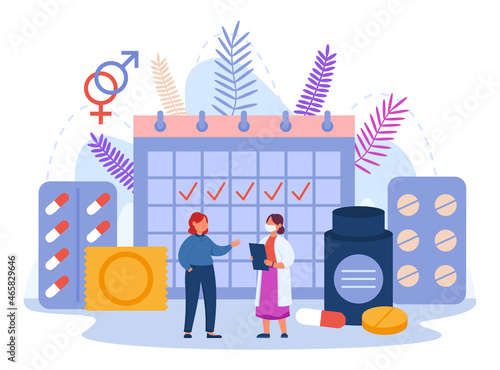 Doctor examining reproductive health of female patient. Control of menstrual period and treatment of gynecological diseases in gynecologists office flat vector illustration. Gynecology concept