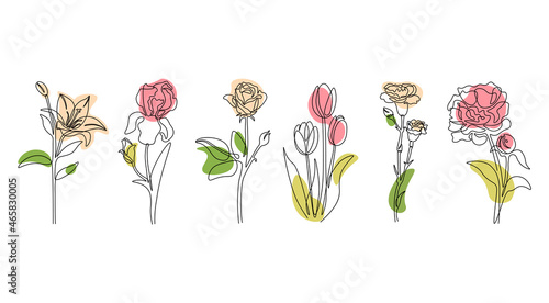 Continuous line flowers. Abstract modern one line minimalistic spring and summer flowers in row, simple hand drawn botanical art. Vector illustration