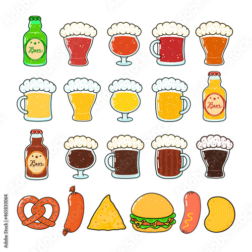 Funny types of beer and snack characters bundle set. Vector hand drawn doodle style cartoon character illustration icon design. Cute beer, pretzel, sausage, hamburger, nachos and chips