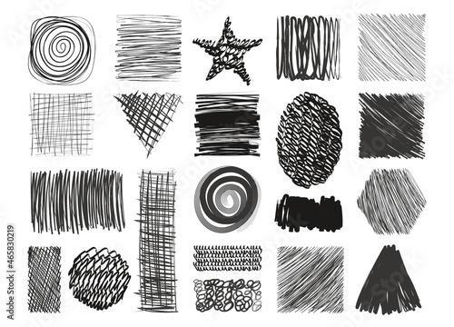 Hatch scribble shapes. Hand drawn pencil line, cross hatching brush stroke, doodle ink pen scribble shapes. Vector stroke shapes set