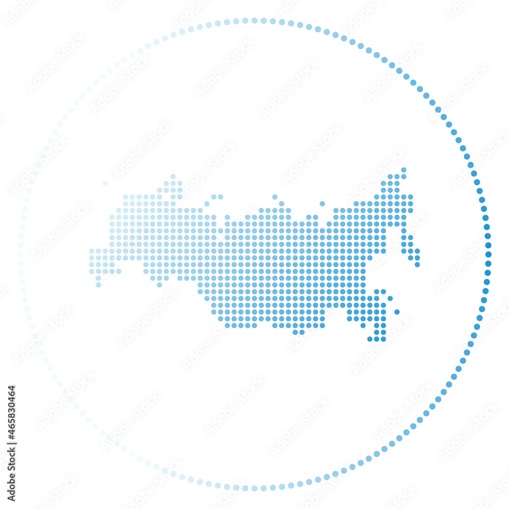 Russia digital badge. Dotted style map of Russia in circle. Tech icon of the country with gradiented dots. Beautiful vector illustration.