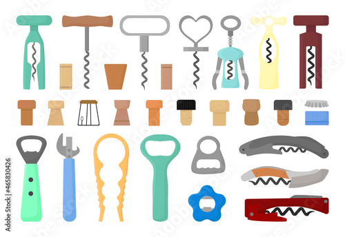 Set of corkscrews, bottle openers and bottle caps.