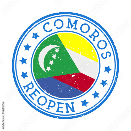 Comoros reopening stamp. Round badge of country with flag of Comoros. Reopening after lockdown sign. Vector illustration.