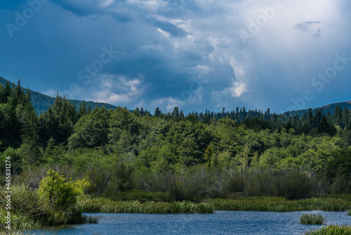 Storm clouds over a lake with reeds at the shore in summer.