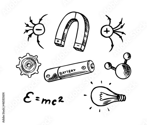 Physics concept. Magnet and negative and positively charged particles of electrons. Battery and nanoparticle. Mass Energy equivalence. Engraved hand drawn old sketch.