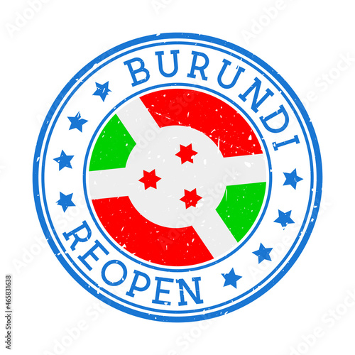 Burundi Reopening Stamp. Round badge of the country with the flag of Burundi. Reopening after lockdown sign. Vector illustration.