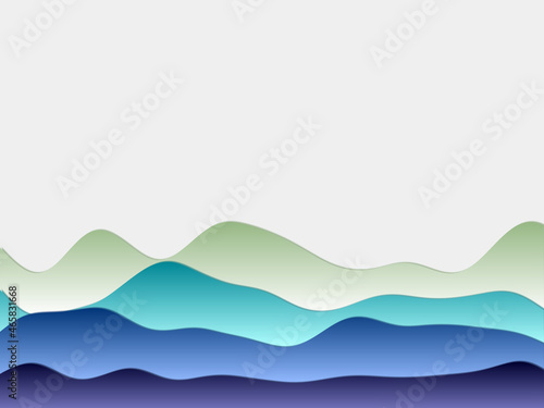 Abstract mountains background. Curved layers in yellow green blue colors. Papercut style hills. Vibrant vector illustration.