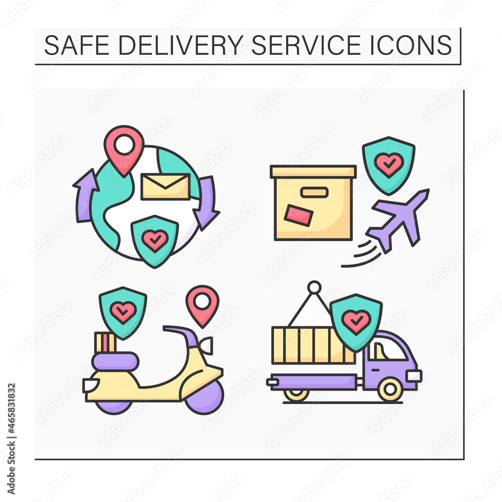 Safe delivery color icons set.International, scooter, air delivery during coronavirus pandemic. Isolated vector illustration