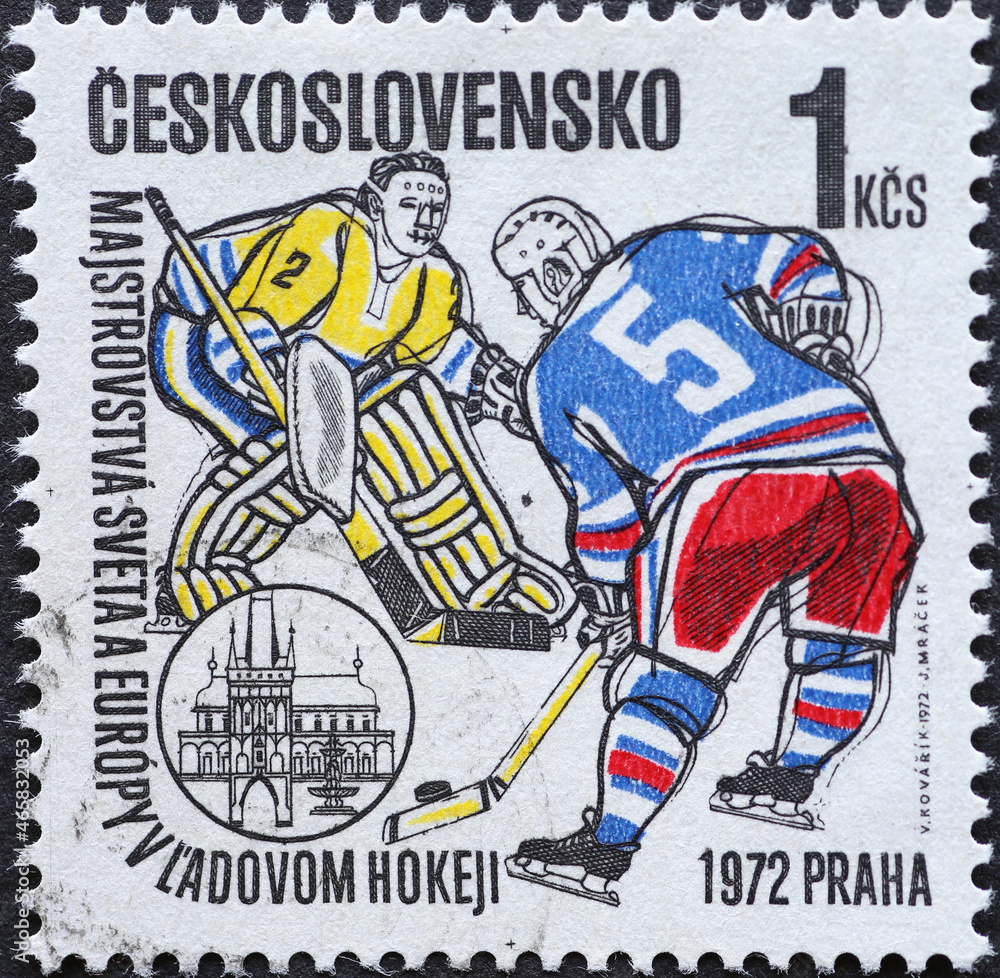 Czechoslovakia Circa 1972: A postage stamp printed in Czechoslovakia showing a Referee, two hockey players at the Bully. Text: Ice Hockey World and European Championships, Prague