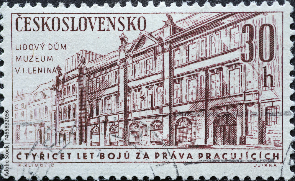 Czechoslovakia Circa 1961 : A postage stamp printed in Czechoslovakia showing the People's House (Lenin Museum), Prague. Czechoslovak Communist Party, 40th Anniversary