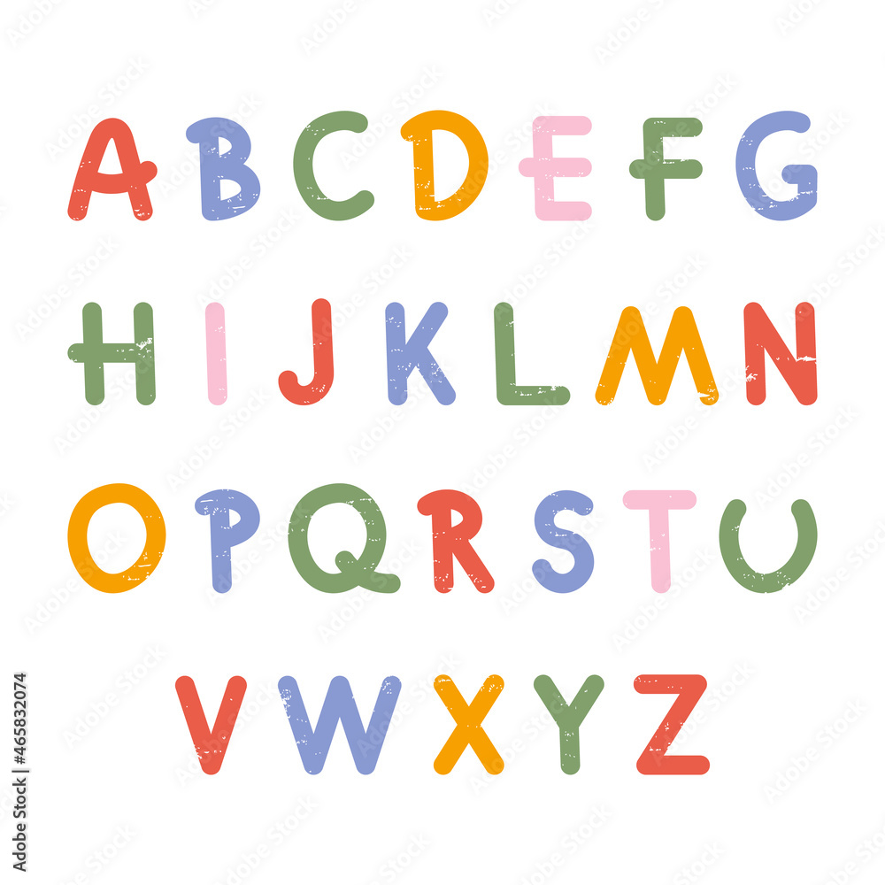 Cute English alphabet for kids design. Childish vintage vector font for ABC book isolated on white background.