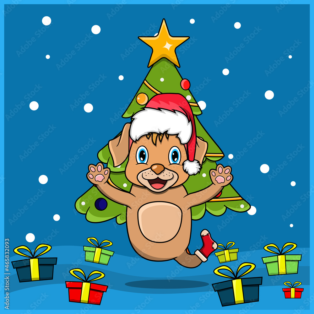 Cute Animal Christmas With Dog Character Design, Wearing Sock And Hat Christmas. Woodland Background. Perfect For Background, Greeting Card, Label and Icon. Cute Animal Christmas With Dog Character Design, Wearing Sock And Hat Christmas. Woodland Background. Perfect For Background, Greeting Card, Label and Icon.