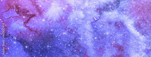 Blue watercolor galaxy texture. Night starry sky background. Abstract art illustration. Fantazy univerce. Purple clouds. Paint splash