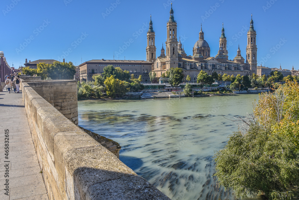 Zaragoza, Spain - 23 Oct, 2021:Basilica of Our Lady of the Pillar and the River Ebro, Zaragoza, Aragon, Spain