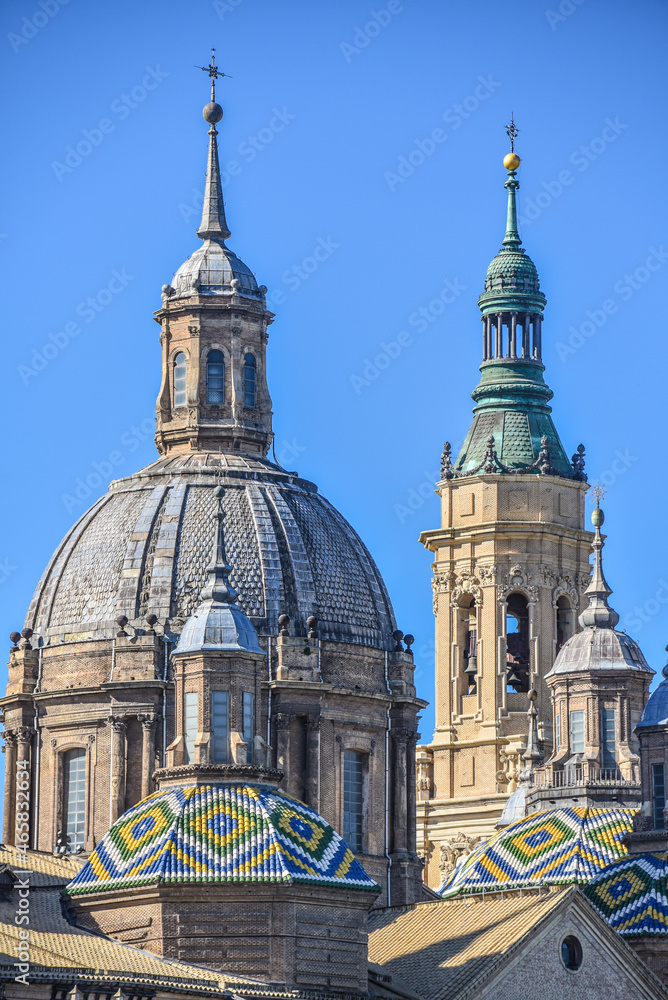 Zaragoza, Spain - 23 Oct, 2021: Roof details on the Cathedral Basilica of Our Lady of the Pillar, Basilica de Nuestra Senora del Pilar, in Zaragoza, Aragon, Spain