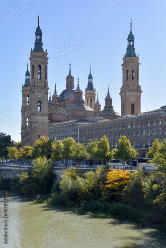 Zaragoza, Spain - 23 Oct, 2021:Basilica of Our Lady of the Pillar and the River Ebro, Zaragoza, Aragon, Spain