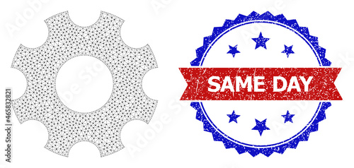 Same Day rubber watermark, and gearwheel icon mesh structure. Red and blue bicolor stamp contains Same Day caption inside ribbon and rosette. Abstract flat mesh gearwheel, created from flat mesh.