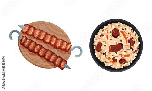 Turkish National Food with Shashlik on Skewer and Pilaf with Beef Meat Above View Vector Set