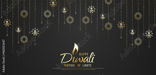Happy Diwali - festival of lights colorful banner template design with decorative diya lamp.