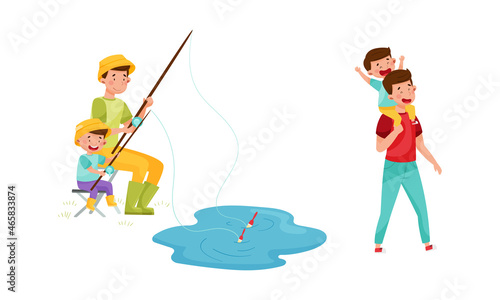 Loving Father and His Son Fishing and Walking Spending Weekend Together Vector Set