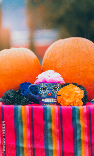 Calavera de día de muertos y calabaza de Halloween celebraciones combinadas en un hermoso paisaje 13 photo