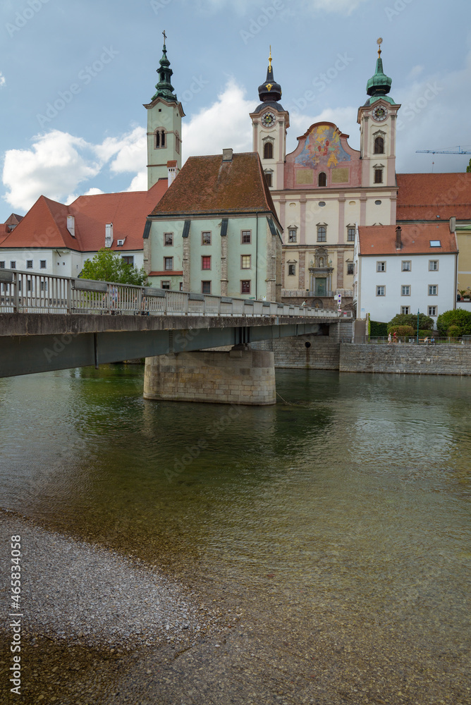 Panorama of the romantic city of Steyr and Enns river on a cloudy day, Steyr, Austria