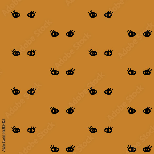 Hand drawn eyes and eye lashes in black over brown ochre background. Vector art print design. Great for home wear and fun ethnic projects. Surface pattern design.