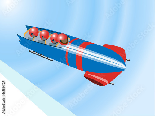Four sportsmen in bob, bobsled on competition or training