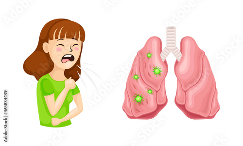 Young Woman Coughing Suffering from Coronavirus Symptom and Contaminated Lungs Organ Vector Set