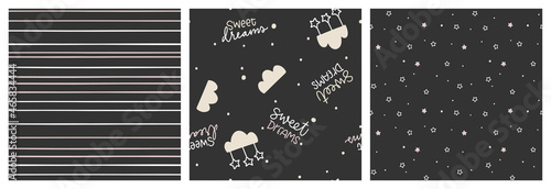 Gender neutral non directional seamless pattern for pajama print or bedding textile. Black, white and khaki beige vector repeat design set with stripes, night sky and stars.