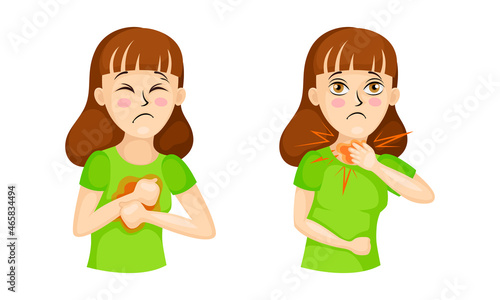 Young Woman Having Pain in Chest and Throat Suffering from Coronavirus Symptom Vector Set