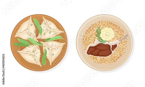 Traditional Dish of Uzbek Cuisine with Pilaf and Dumplings Served on Plate Above View Vector Set