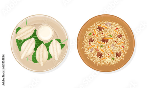 Traditional Dish of Uzbek Cuisine with Pilaf and Dumplings Served on Plate Above View Vector Set