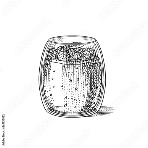 Chia and strawberry pudding in a glass. Sweet dessert in vintage style. Engraved hand drawn in old sketch.
