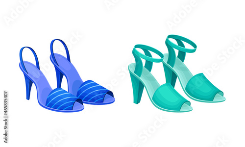 Blue Open Toe Womens Shoes with Heels Vector Set