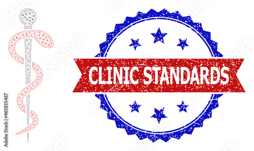 Clinic Standards corroded seal, and medical snake icon net model. Red and blue bicolored seal includes Clinic Standards title inside ribbon and rosette. Abstract flat mesh medical snake,
