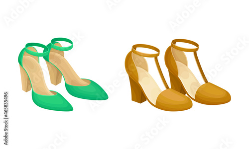 Ankle Strap Womens Shoes with Heels Vector Set