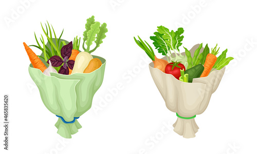 Bouquet of Ripe Vegetable Wrapped in Papper Vector Set